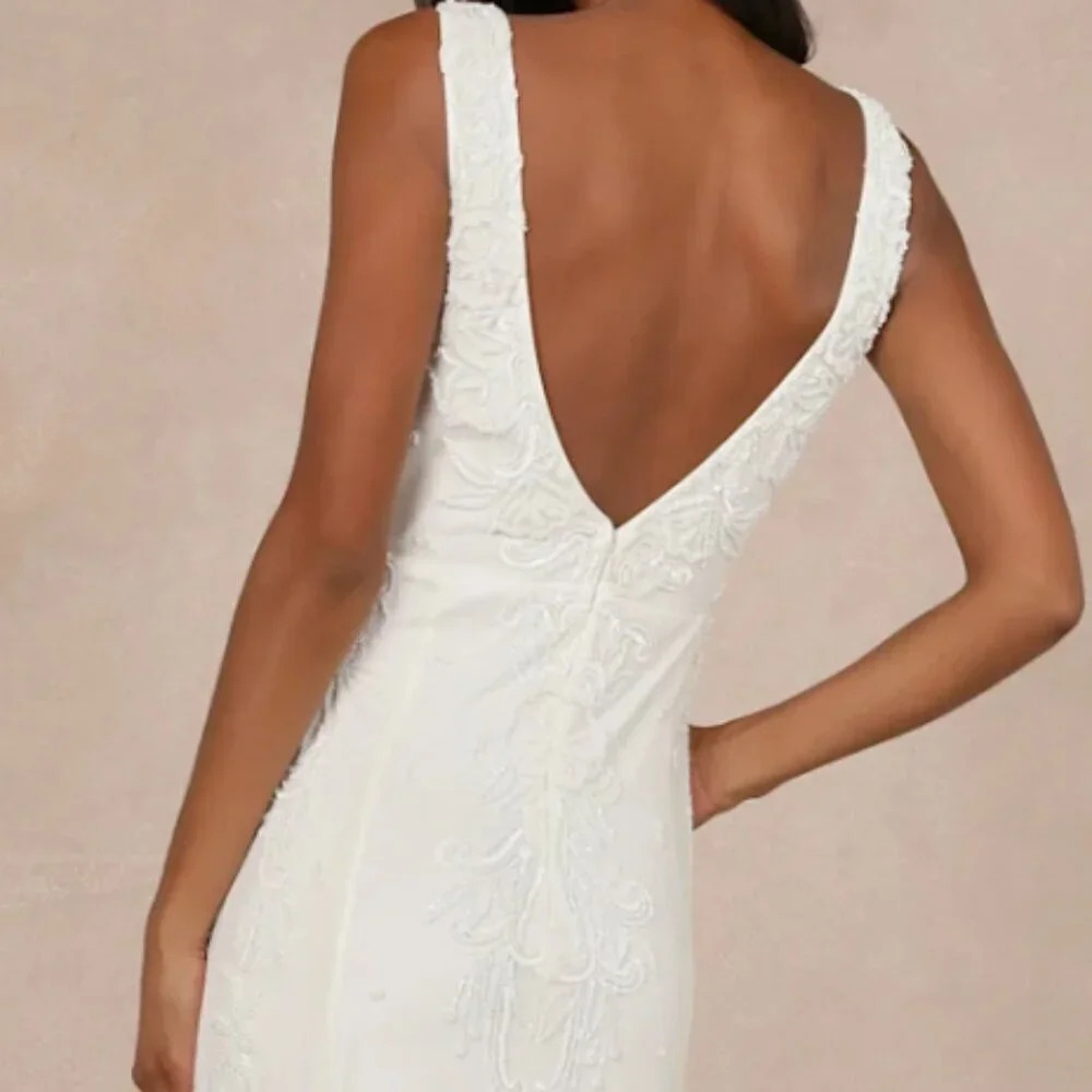Passionate Romance White Beaded Sequin Mermaid Maxi Dress Lulus Sz #25 #423 - Picture 2 of 6